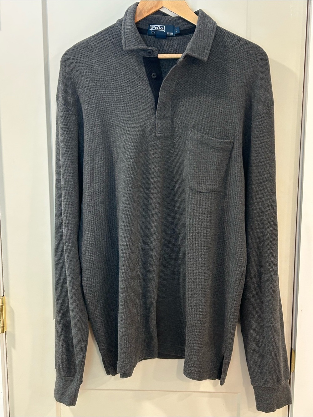 VTG Polo Ralph Lauren Long Sleeve Pocket Polo Shirt Charcoal Grey Preppy Large